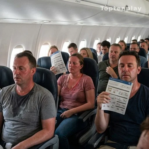 Passagers en sueur dans une cabine d'avion surchauffée sans climatisation