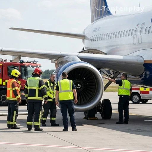 Pompiers et secouristes intervenant sur le tarmac d'un aéroport
