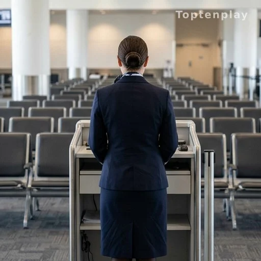 Personnel de compagnie aérienne low cost au comptoir d'embarquement