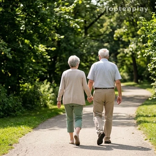 Deux seniors marchant côte à côte dans un parc, bien-être mental et articulaire