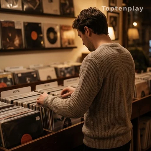 Personne de dos feuilletant des disques vinyles dans un magasin, symbole du plaisir différé avant Internet