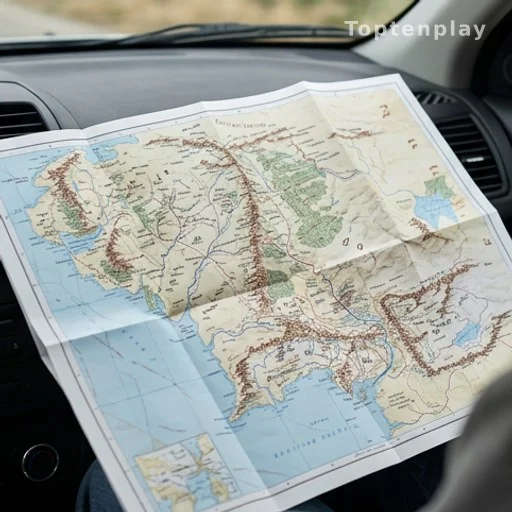 Carte routière papier dépliée sur un tableau de bord, illustration du sens de l'orientation sans GPS