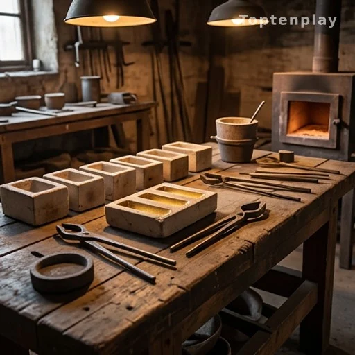 Atelier de fonte d'or avec moules et outils, région lyonnaise
