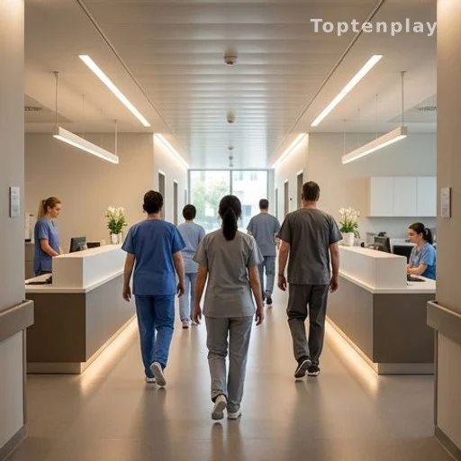Couloir d'hôpital suisse avec personnel soignant de dos, pénurie médicale
