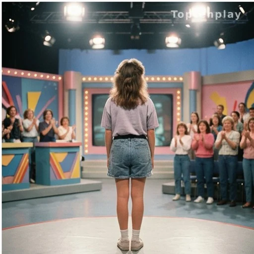 Adolescente sur un plateau télé des années 1980 lors d'un concours Miss