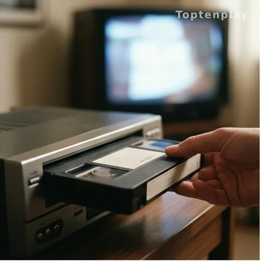 Cassette VHS d'archive télévisée des années 1980 insérée dans un lecteur