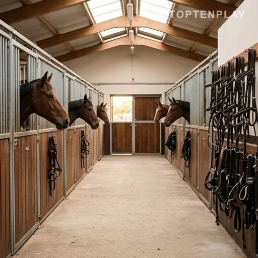 Ferme équestre avec chevaux et matériel d’entraînement