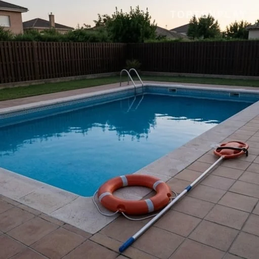 Piscine familiale au crépuscule avec équipement de sécurité