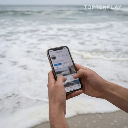 Téléphone montrant une vidéo virale près de la plage