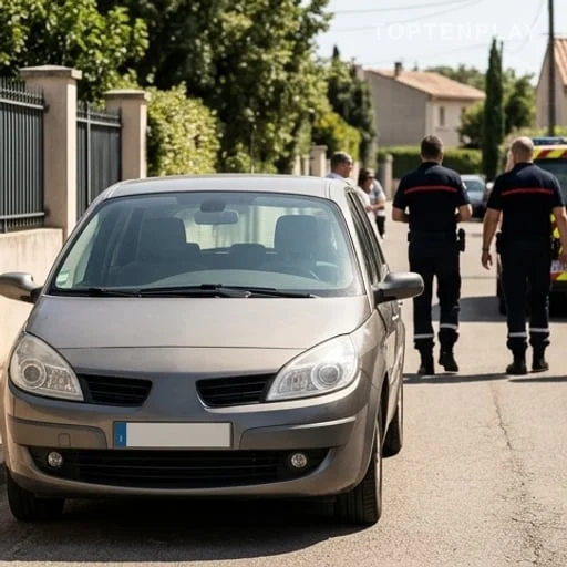 Voiture familiale au soleil, secours anonymes en arrière-plan