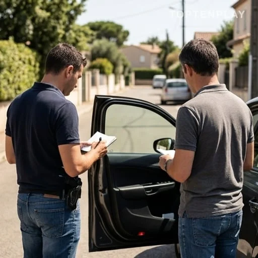 Enquêteurs anonymes près d’une voiture, dossier justice ouvert