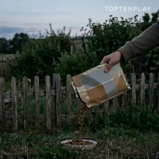 Paquet de croquettes secoué dans un jardin