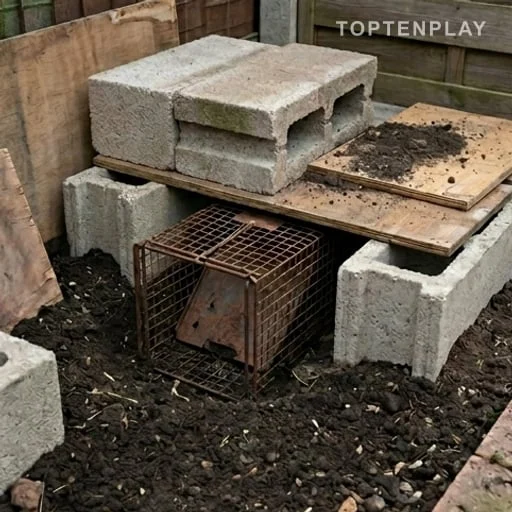 Cage enterrée découverte sous des parpaings