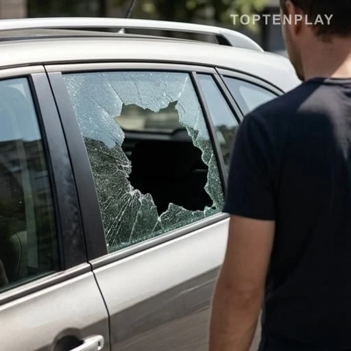 Vitre de voiture brisée après intervention d’urgence