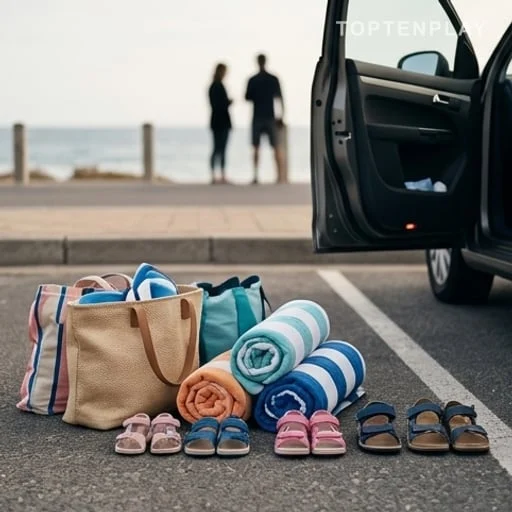 Affaires de plage posées près d’une voiture