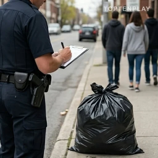 Policier municipal verbalisant un dépôt sauvage