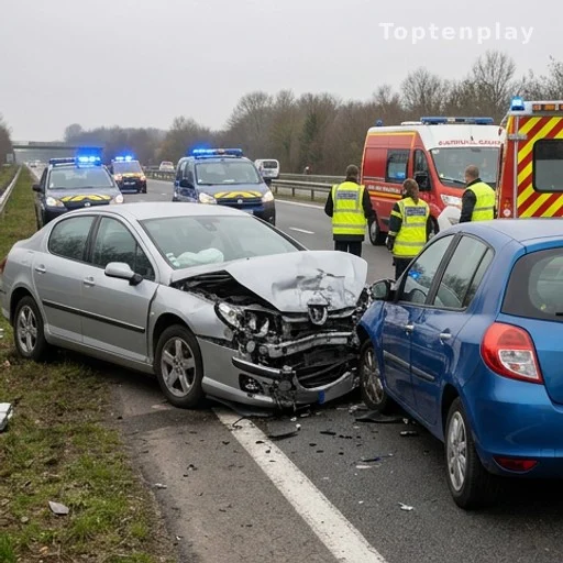 Accident de voiture mortel sur autoroute avec véhicules accidentés et secours