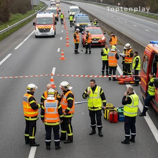 Pompiers et secouristes intervenant sur autoroute fermée à la circulation