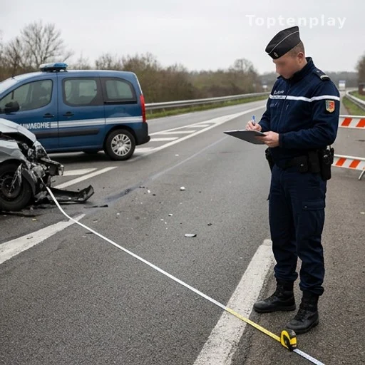 Gendarme effectuant des constatations après un accident de voiture mortel