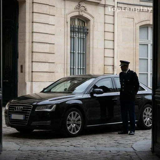 Voiture de fonction officielle devant un bâtiment gouvernemental, dépenses publiques