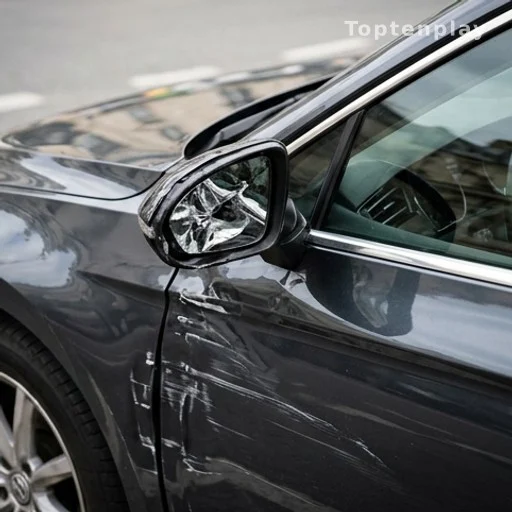 Détail de carrosserie endommagée après une collision impliquant un véhicule officiel