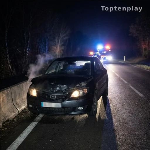 Voiture accidentée sur une route de nuit, gyrophares en arrière-plan