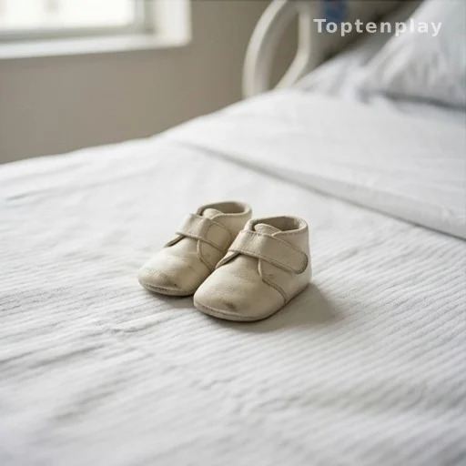 Chaussures de bébé sur un lit d'hôpital, symbole de deuil périnatal après accident