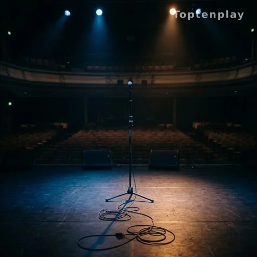 Scène de concert vide avec micro inutilisé, tournée suspendue