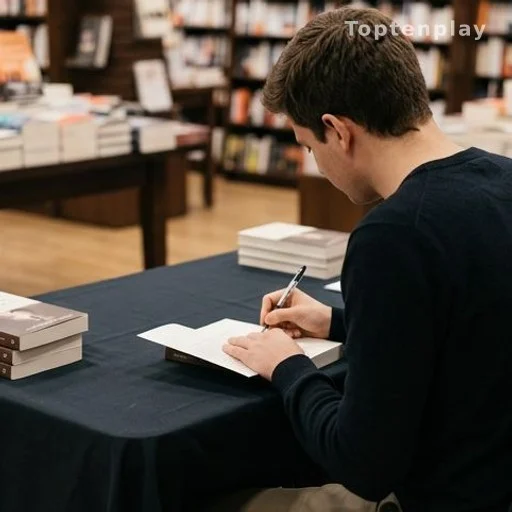 Séance de dédicaces d'un livre dans une librairie parisienne, auteur de dos