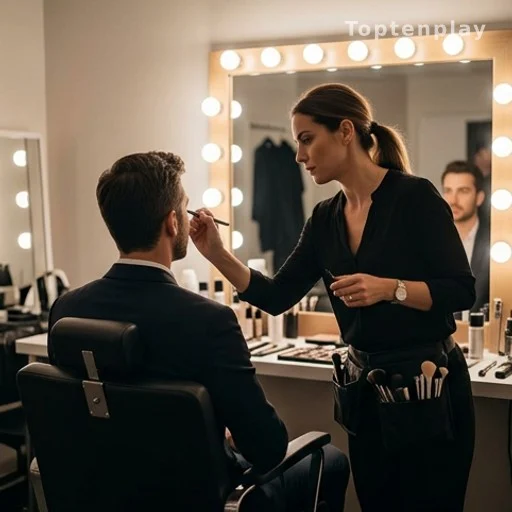 Maquilleuse en coulisses préparant un artiste avant une émission télévisée