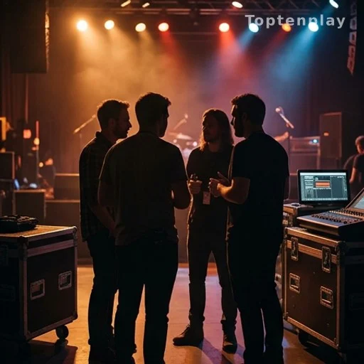 Coulisses d'un événement musical avec des silhouettes anonymes en discussion