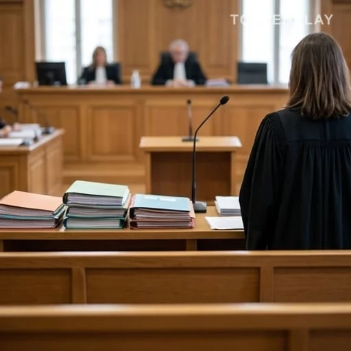 Salle d’audience avec dossiers de justice et micro