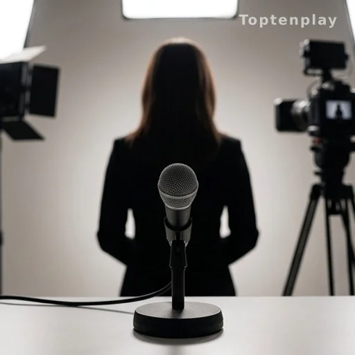 Silhouette de femme face à un micro lors d'une interview télévisée