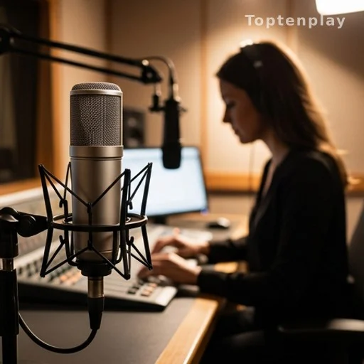 Studio de radio avec micro au premier plan lors d'une émission en direct