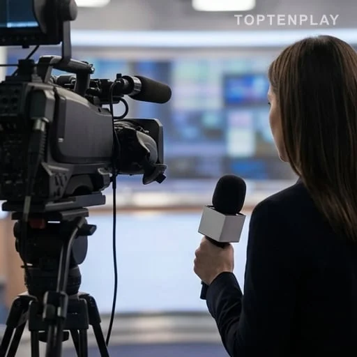 Femme anonyme interviewée devant une caméra de télévision