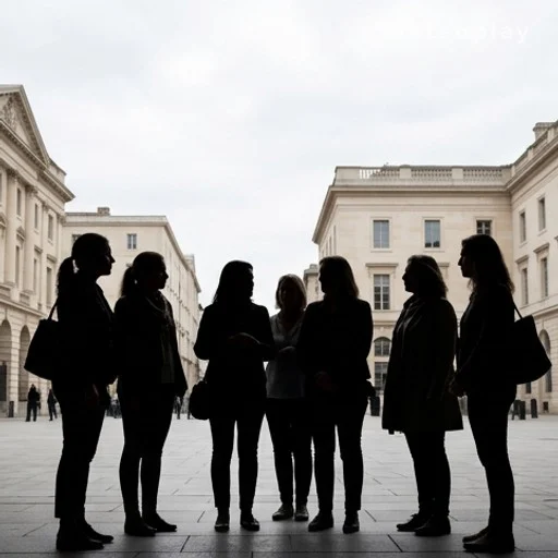 Silhouettes de femmes anonymes rassemblées dans un espace public