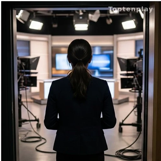 Silhouette d'une femme à l'entrée d'un studio de télévision, affaire Bruel