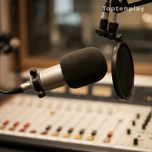 Microphone de studio radio lors d'une émission, harcèlement sexuel évoqué en antenne