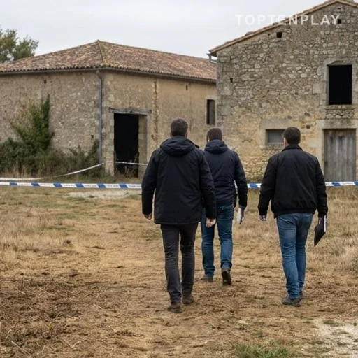 Enquêteurs près d'une exploitation liée à la justice