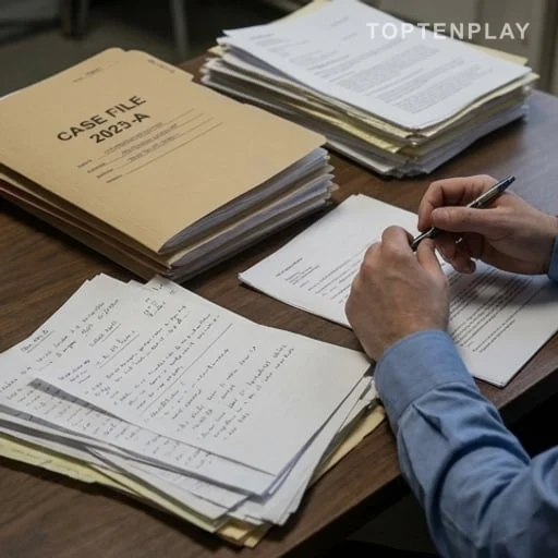 Dossier de procédure pénale examiné par des mains