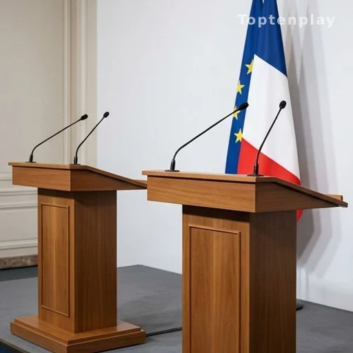 Salle de presse ministérielle avec pupitres officiels, illustration des annonces attendues sur les enquêtes administratives