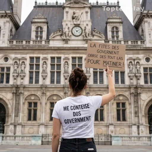 Manifestante de dos devant un ministère parisien en pierre, tee-shirt militant visible