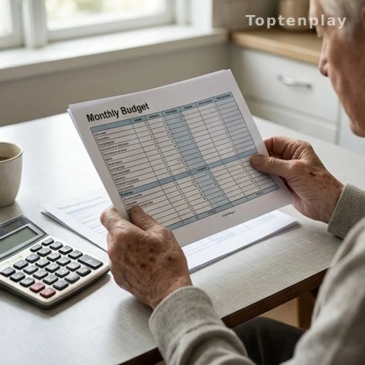 Mains de personne âgée avec feuille de budget et calculatrice, coût aide à domicile retraite