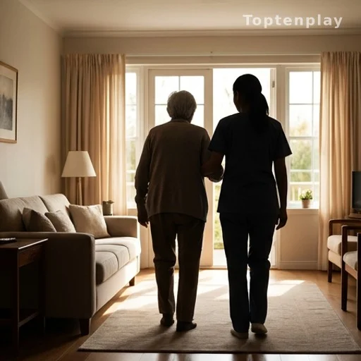 Silhouette aide à domicile accompagnant personne âgée, maintien à domicile retraite