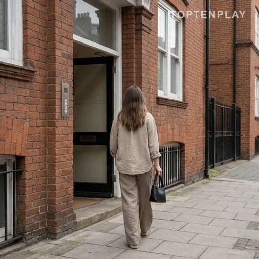 Jeune femme de dos quittant un immeuble