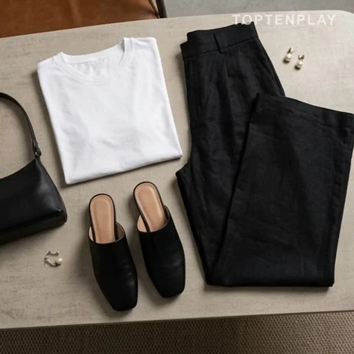 Vêtements noirs et perles blanches du signalement