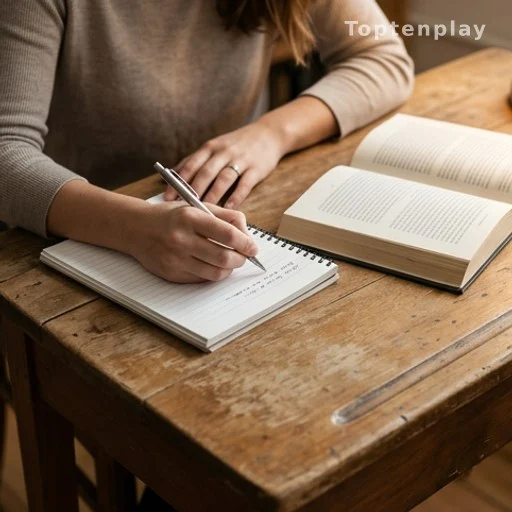 Mains d'une femme écrivant dans un carnet, évoquant le travail d'autrice