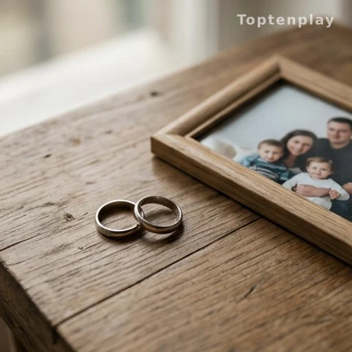 Alliances posées près d'une photo de famille, évoquant un divorce