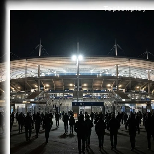 Vue extérieure du Stade de France la nuit avec des silhouettes de spectateurs