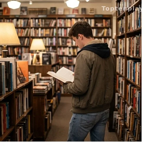 Jeune homme de dos feuilletant un livre dans une librairie